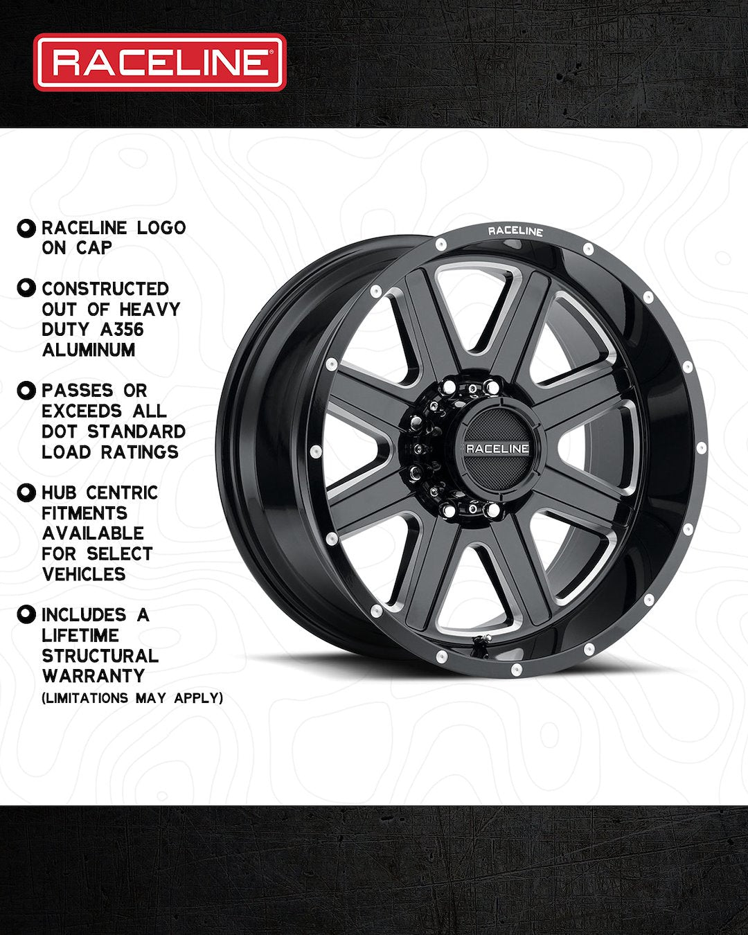 Product of Raceline 16x8 Black With Natural Accents Wheel - 5x4.50 Bolt Pattern
