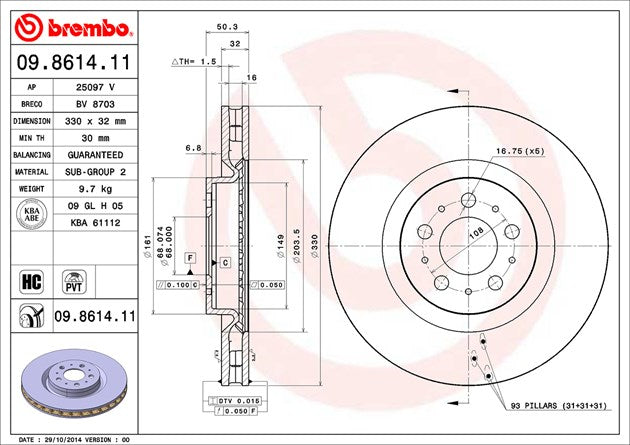 Product of Brembo 09861411C02 Vented 1 Piece Brake Rotor