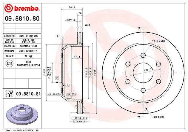Product of Brembo 09881081C02 Vented 1 Piece Brake Rotor