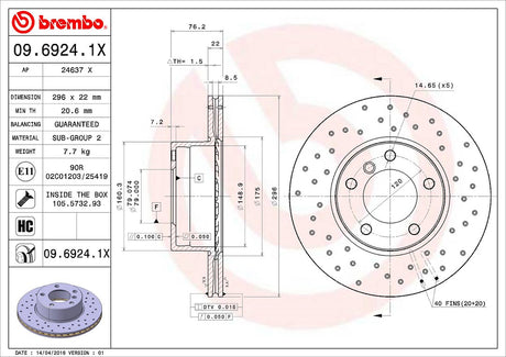 Product of Brembo 0969241XC02 Xtra Vented Cross Drilled 1 Piece Brake Rotor