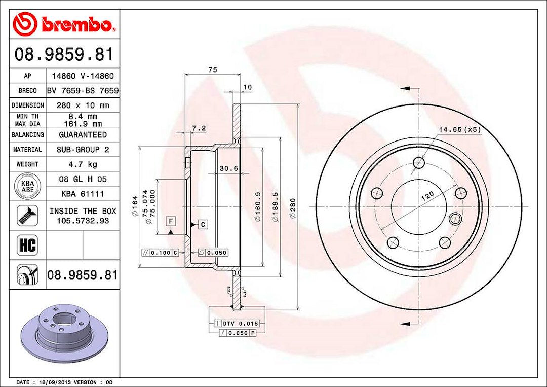 Product of Brembo 08985981C02 Solid 1 Piece Brake Rotor