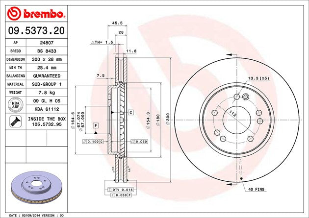 Product of Brembo 09537320C02 Vented 1 Piece Brake Rotor