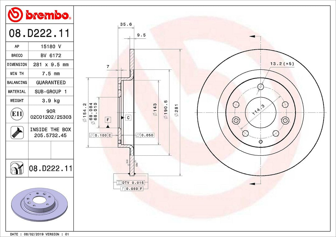 Product of Brembo 08D22211C02 Solid 1 Piece Brake Rotor