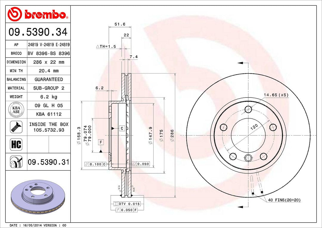Product of Brembo 09539031C02 Vented 1 Piece Brake Rotor