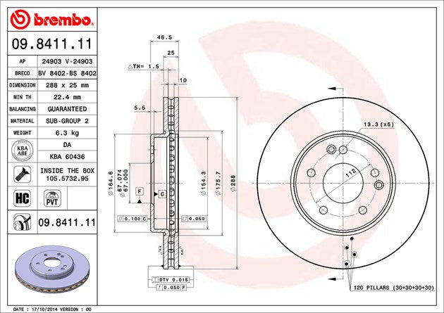 Product of Brembo 09841111C02 Vented 1 Piece Brake Rotor