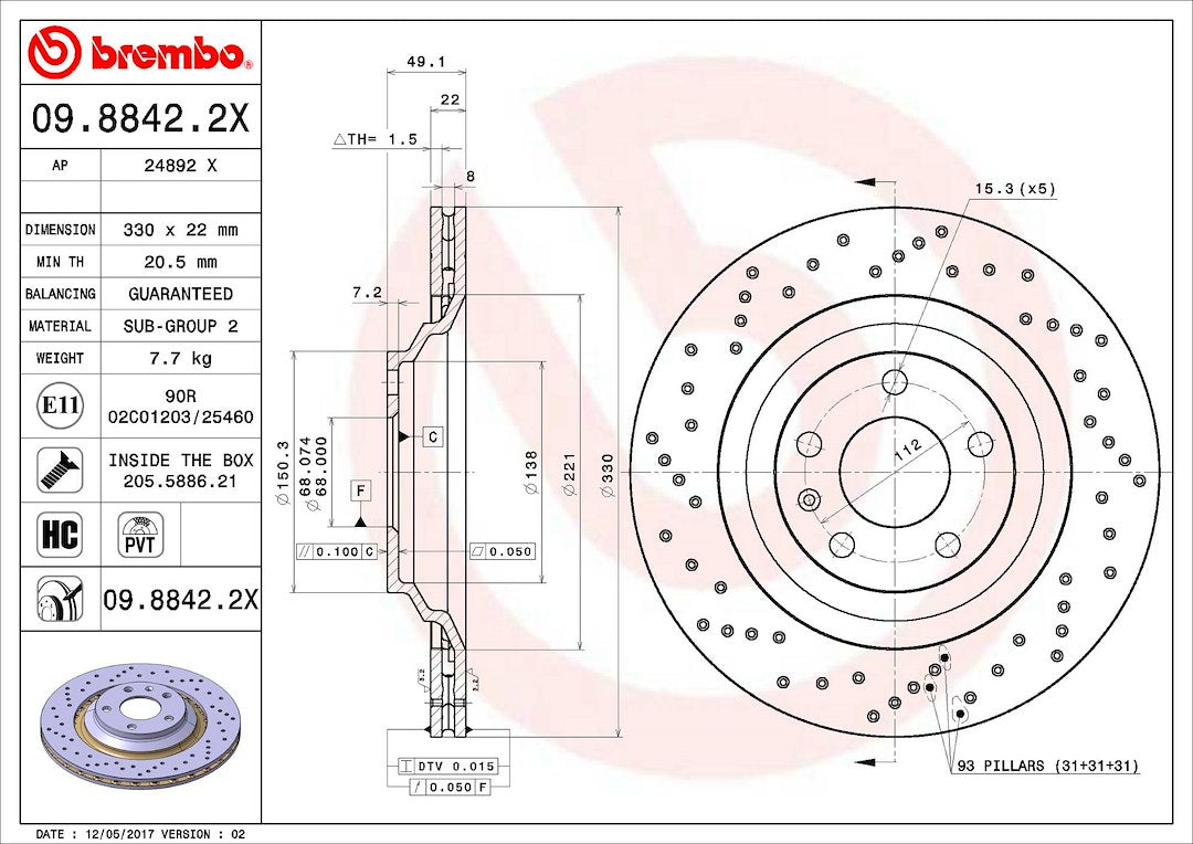 Product of Brembo 0988422XC02 Xtra Vented Cross Drilled 1 Piece Brake Rotor
