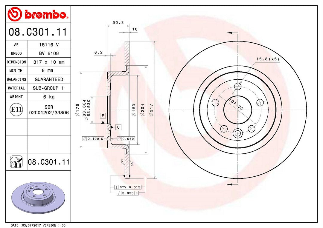 Product of Brembo 08C30111C02 Solid 1 Piece Brake Rotor