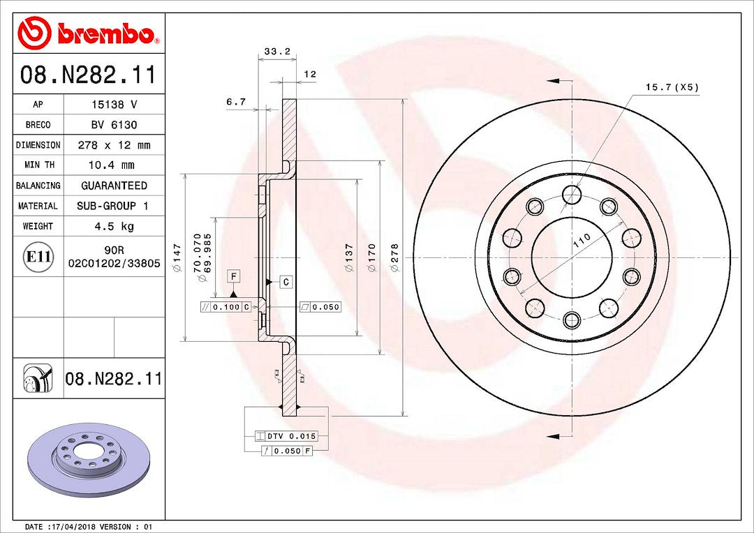 Product of Brembo 08N28211C02 Solid 1 Piece Brake Rotor