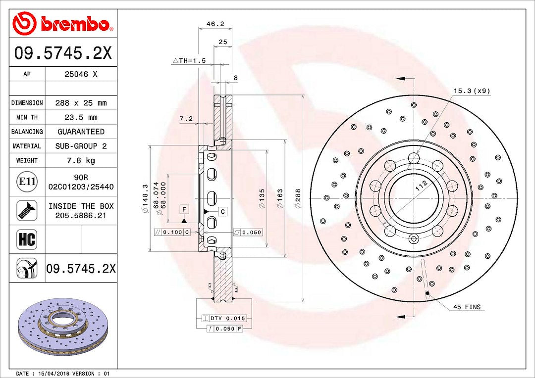Product of Brembo 0957452XC02 Xtra Vented Cross Drilled 1 Piece Brake Rotor