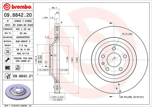 Product of Brembo 09884221C02 Vented 1 Piece Brake Rotor