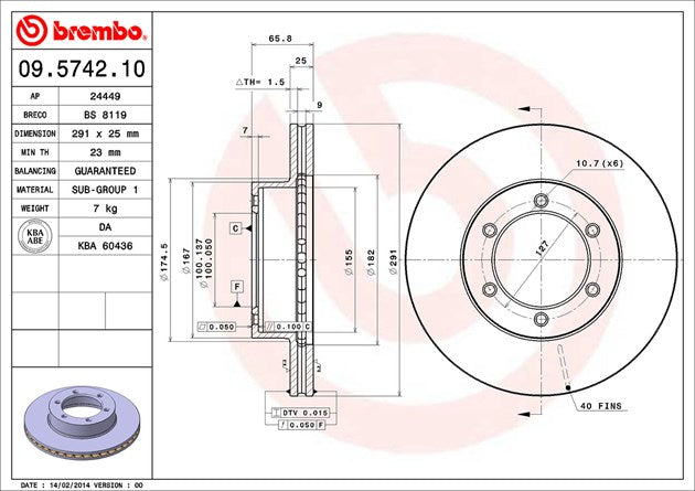 Product of Brembo 09574210C02 Vented 1 Piece Brake Rotor