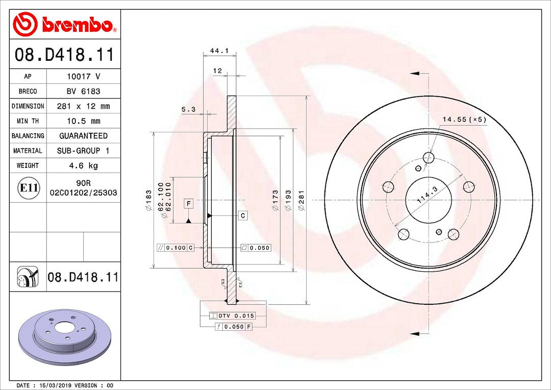 Product of Brembo 08D41811C02 Solid 1 Piece Brake Rotor
