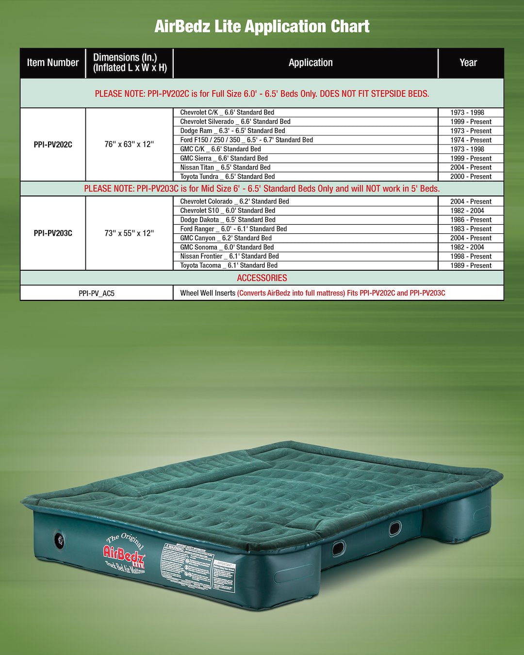 Airbedz By Pittman Outdoors Ppi-Pv203c Truck Bed Air Mattress||airbedz 200_Lite_Application Chart_2000x2500_Copy.Jpg||88||abzppipv203c||1526876