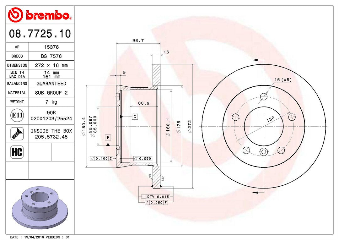 Product of Brembo 08772510C02 Solid 1 Piece Brake Rotor