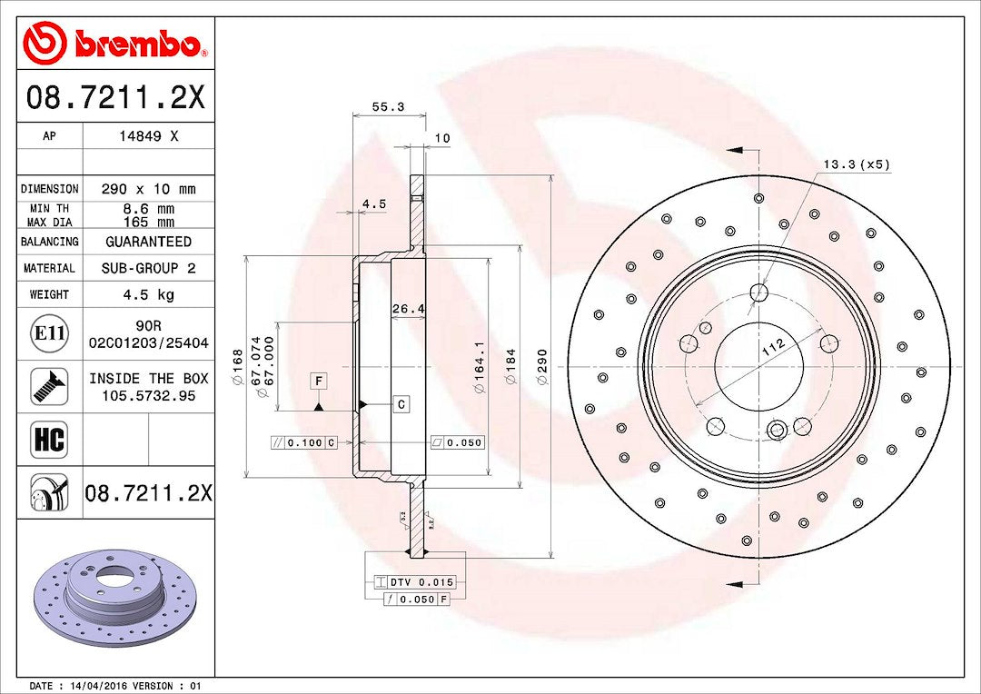 Product of Brembo 0872112XC02 Xtra Solid Cross Drilled 1 Piece Brake Rotor