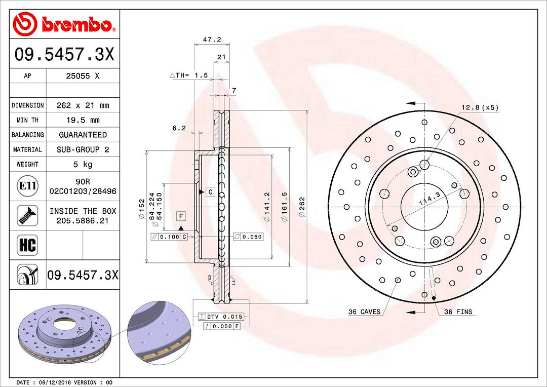 Product of Brembo 0954573XC02 Xtra Vented Cross Drilled 1 Piece Brake Rotor