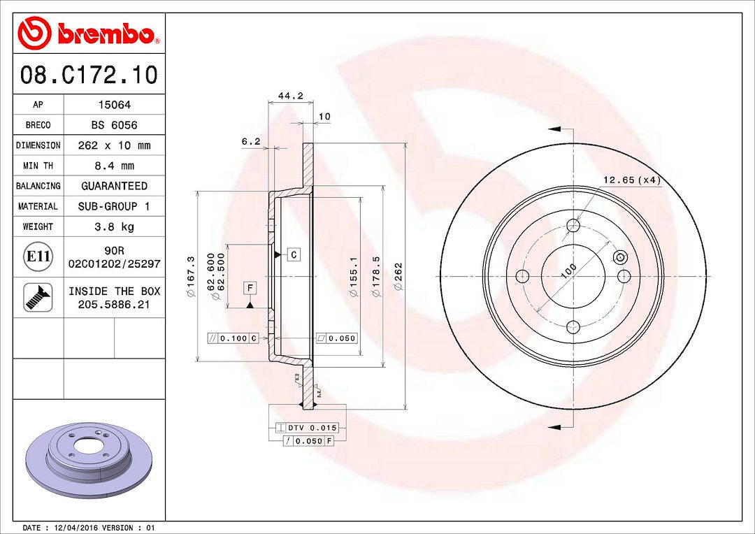 Product of Brembo 08C17210C02 Solid 1 Piece Brake Rotor