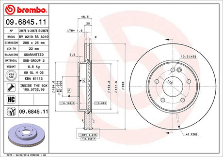 Product of Brembo 09684511C02 Vented 1 Piece Brake Rotor