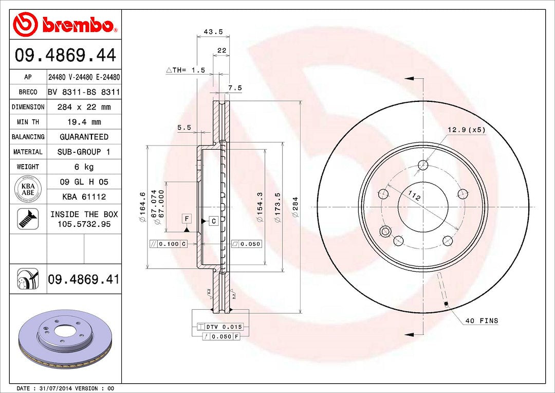 Product of Brembo 09486941C02 Vented 1 Piece Brake Rotor