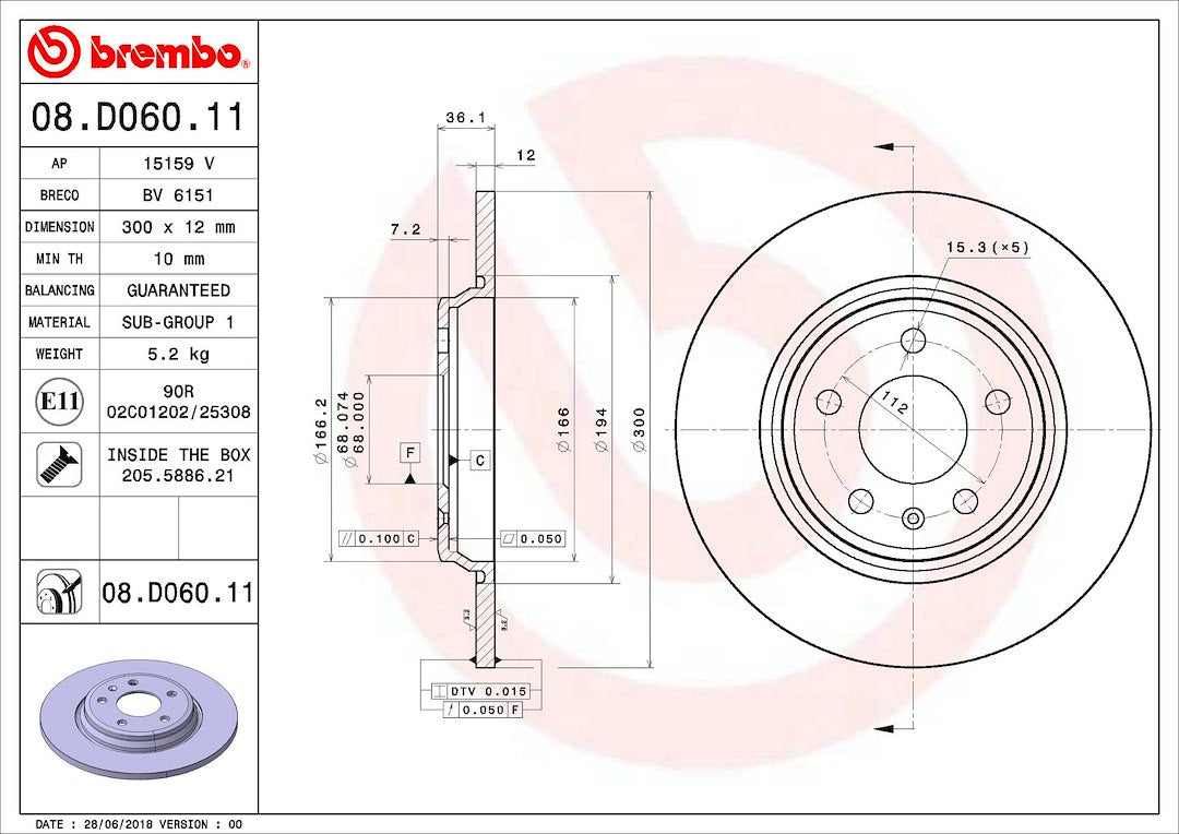 Product of Brembo 08D06011C02 Solid 1 Piece Brake Rotor