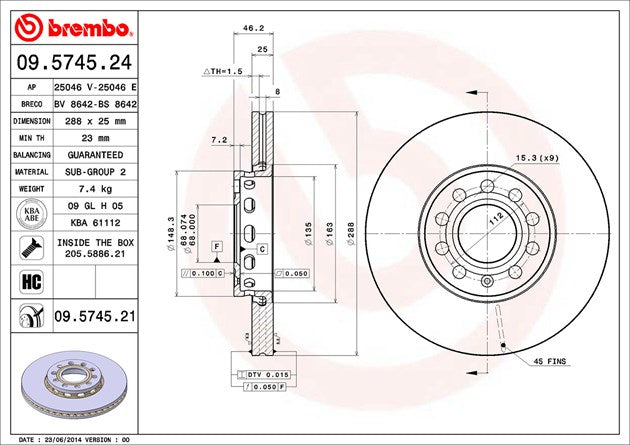 Product of Brembo 09574521C02 Vented 1 Piece Brake Rotor