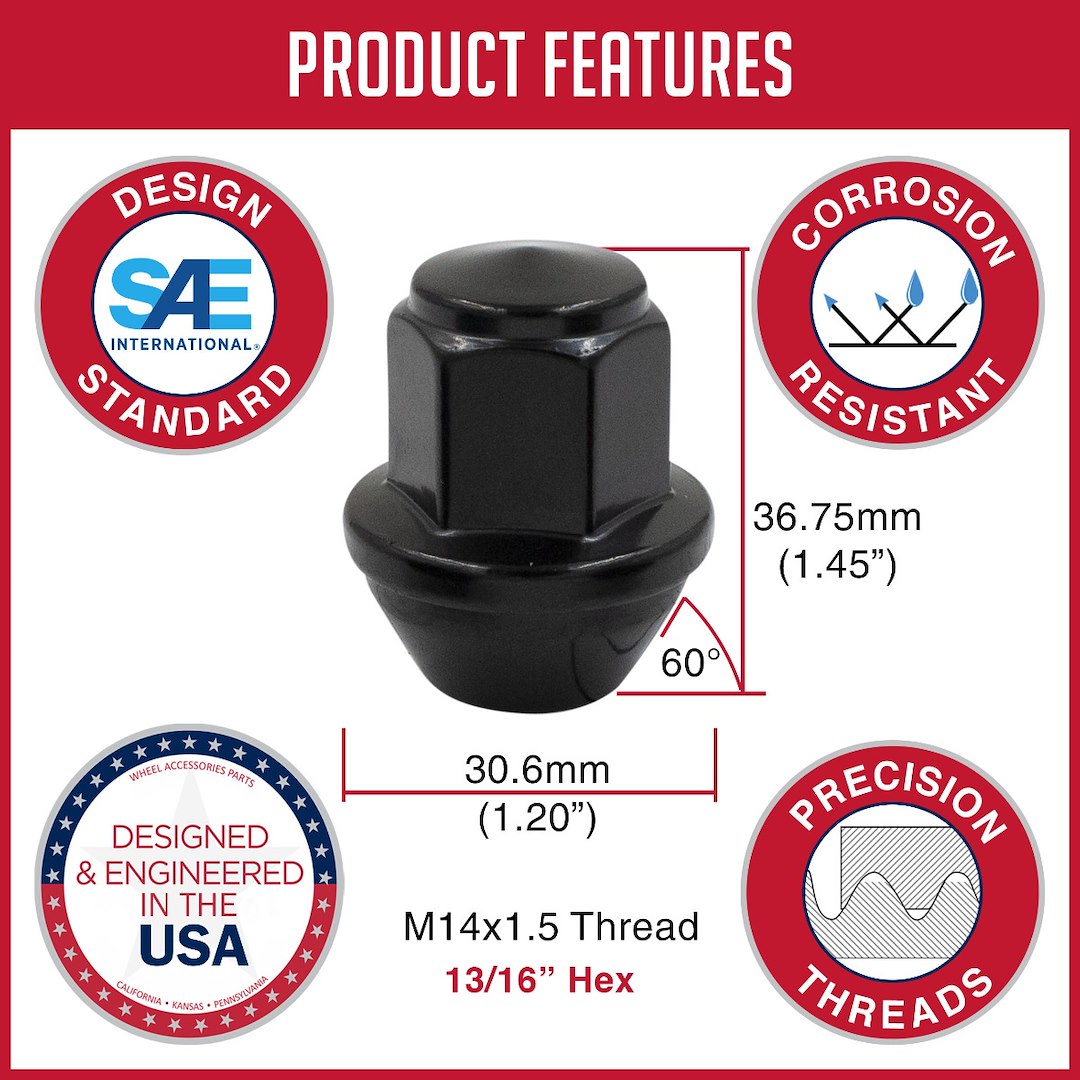 Product of Coyote Wheel Accessories 12K548BLK 60 Degree Conical Bulge 14x1.5 Lug Nut