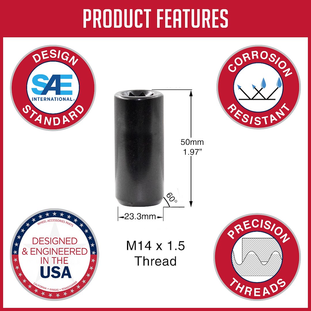 Product of Coyote Wheel Accessories 781148XLBLK 60 Degree Conical 14x1.5 Lug Nut