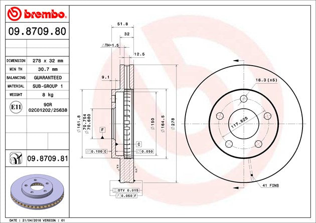 Product of Brembo 09870981C02 Vented 1 Piece Brake Rotor