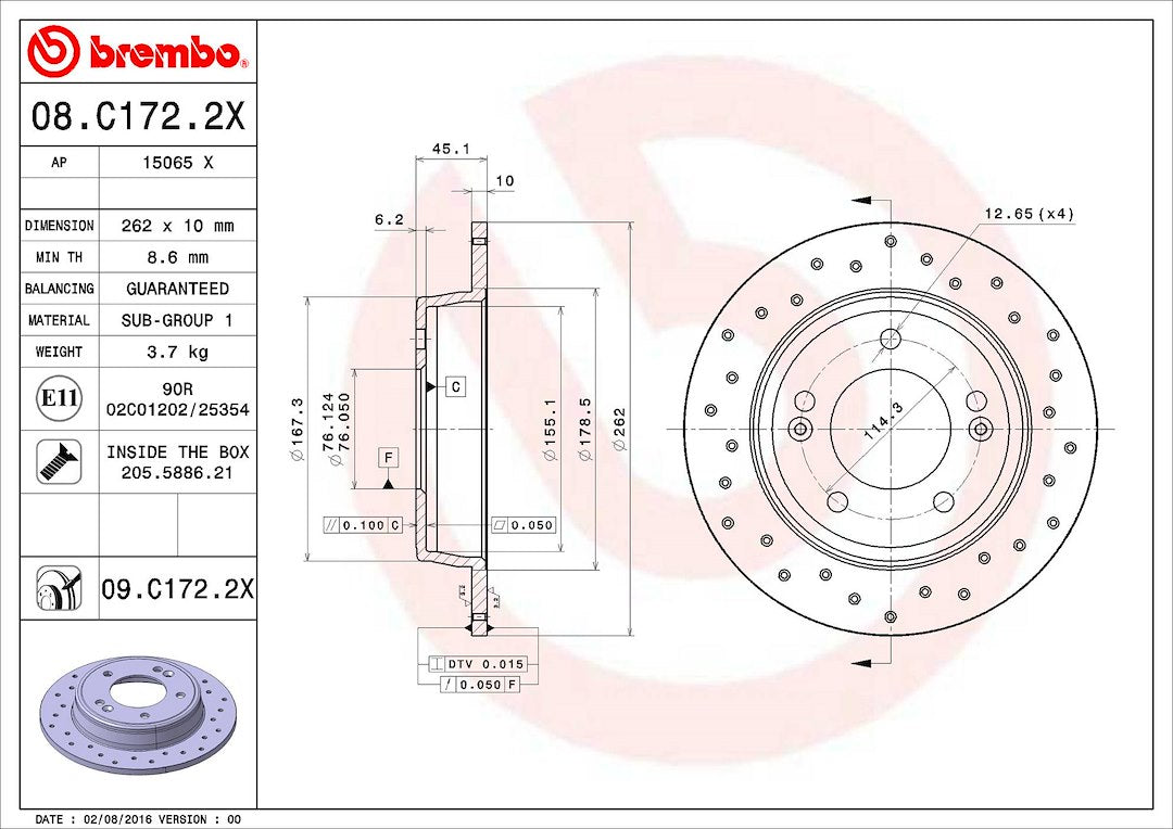 Product of Brembo 08C1722XC02 Xtra Solid Cross Drilled 1 Piece Brake Rotor