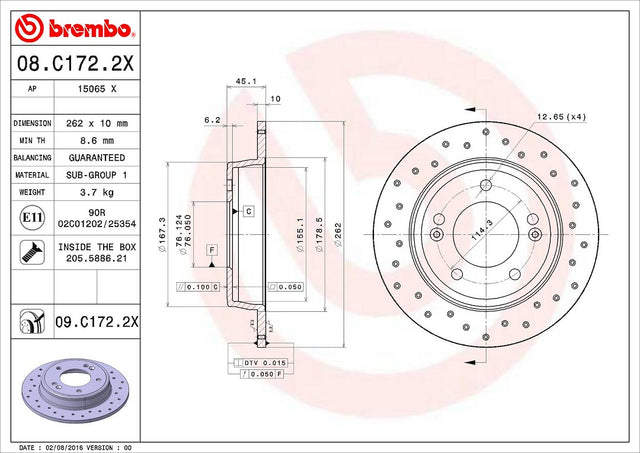 Product of Brembo 08C1722XC02 Xtra Solid Cross Drilled 1 Piece Brake Rotor