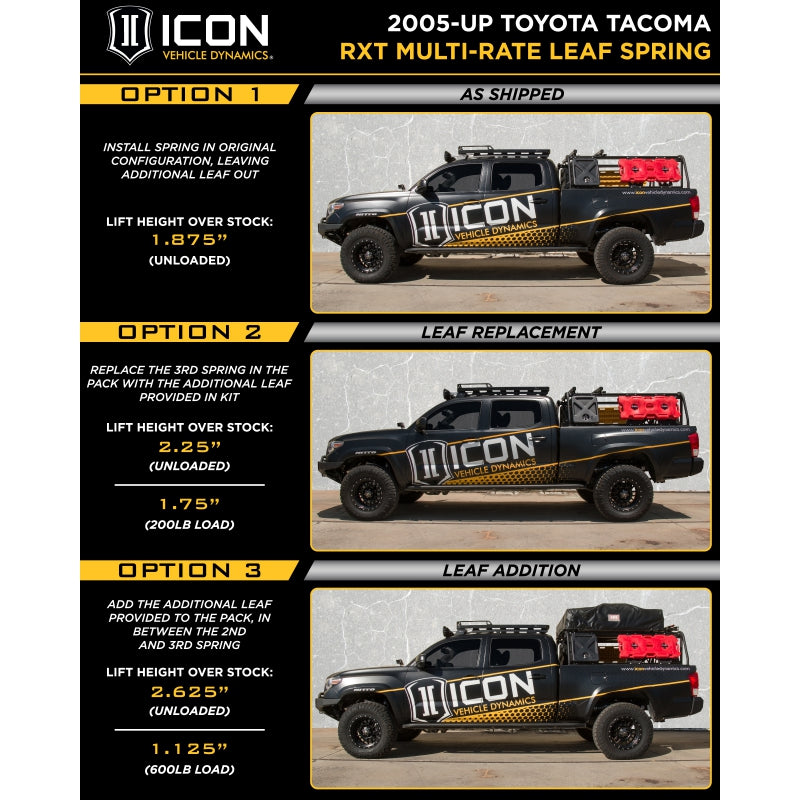 Icon Vehicle Dynamics 158505 Leaf Spring||2005-Up-Toyota-Tacoma-Multi-Rate-Rxt-Leaf-Spring-Kit.Jpg||87||i43158505||880483