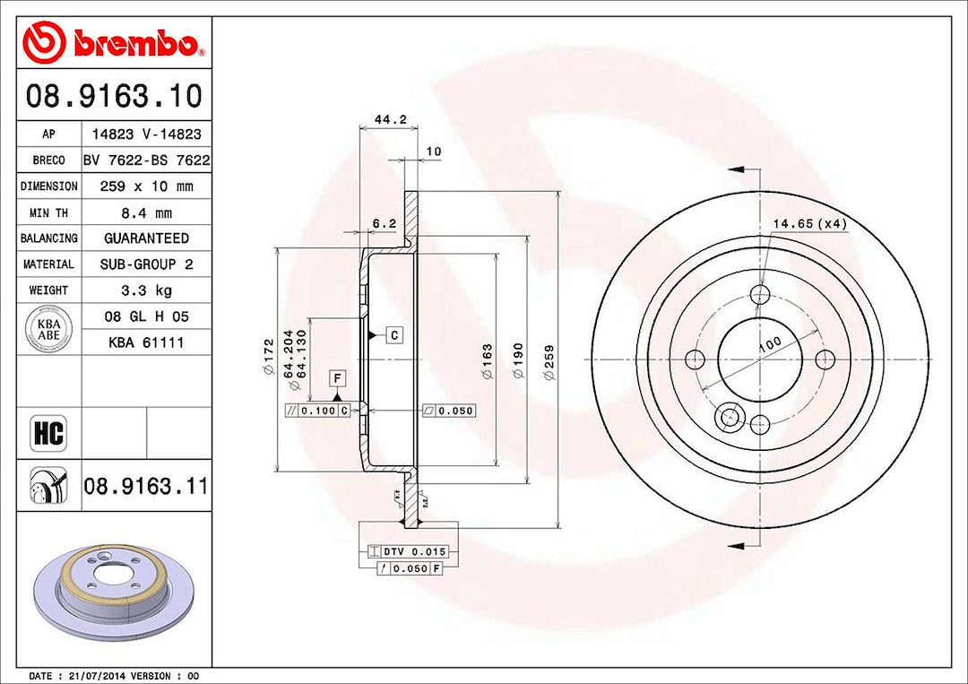 Product of Brembo 08916311C02 Solid 1 Piece Brake Rotor
