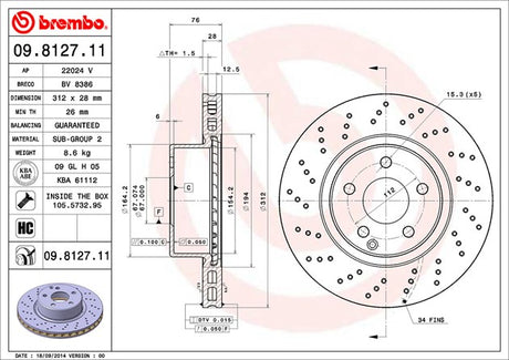 Product of Brembo 09812711C02 Vented Cross Drilled 1 Piece Brake Rotor