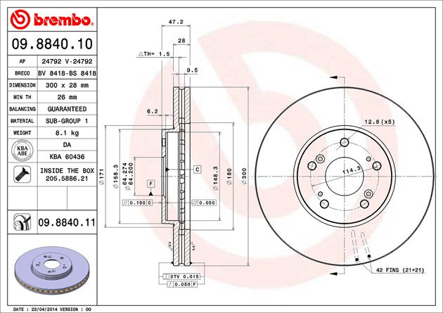 Product of Brembo 09884011C02 Vented 1 Piece Brake Rotor