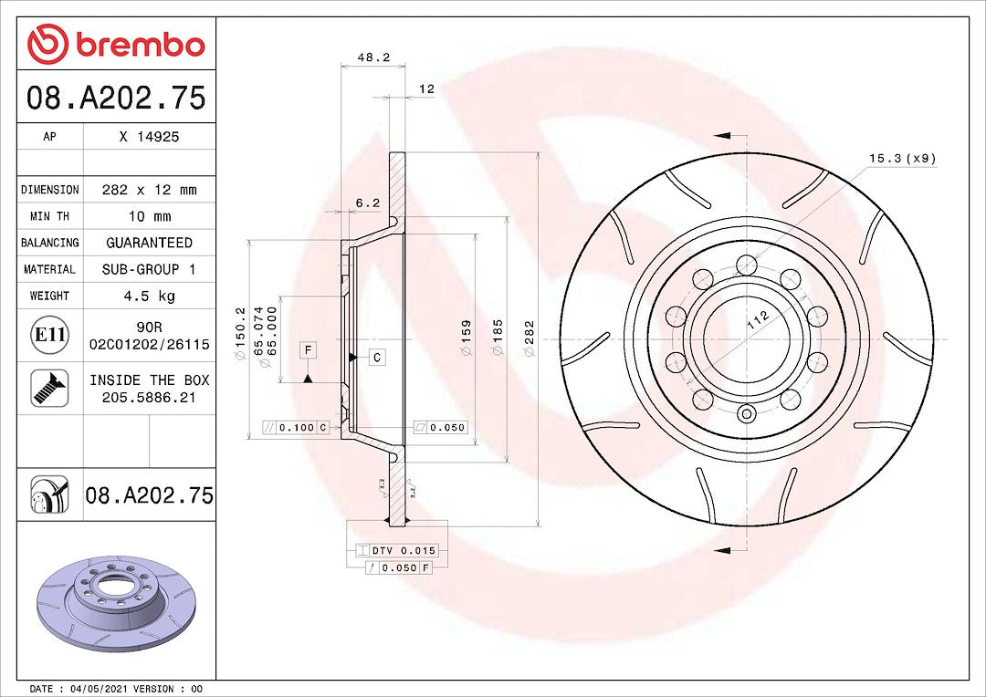Brembo 08a20275c02 Brake Rotor||08a20275c02.Jpg||85||brm08a20275||1684130