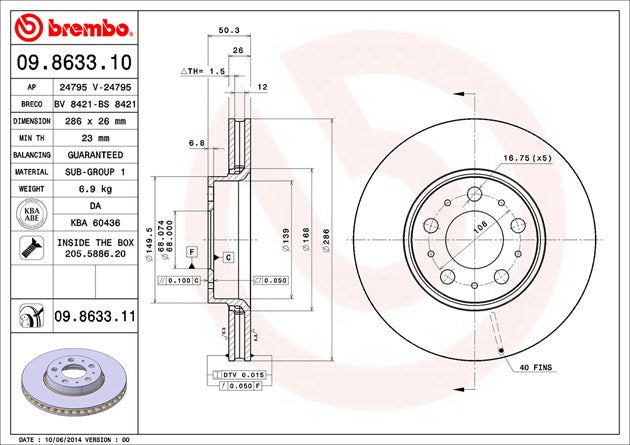 Product of Brembo 09863311C02 Vented 1 Piece Brake Rotor