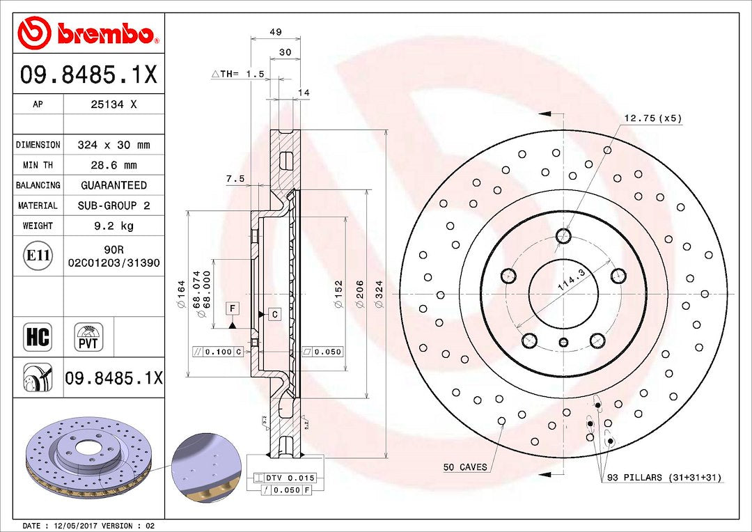 Product of Brembo 0984851XC02 Xtra Vented Cross Drilled 1 Piece Brake Rotor