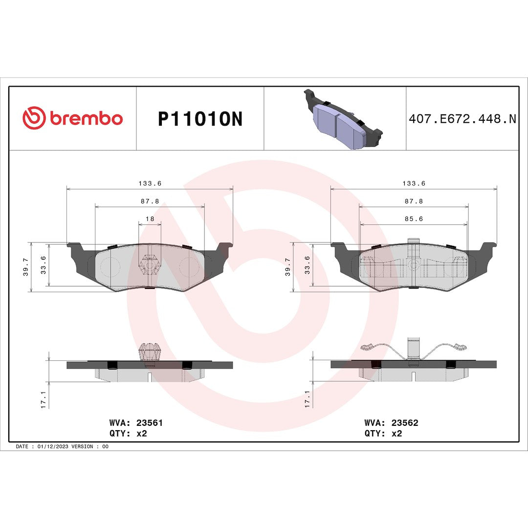Brembo P11010n Brake Pad||||88||brmp11010n||2008959