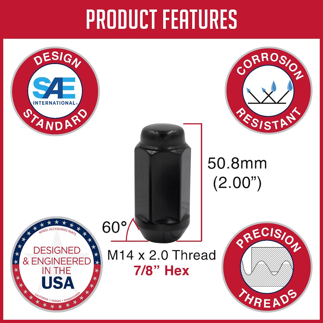 Product of Coyote Wheel Accessories 131173BLK 60 Degree Conical Bulge 14x2.0 Lug Nut