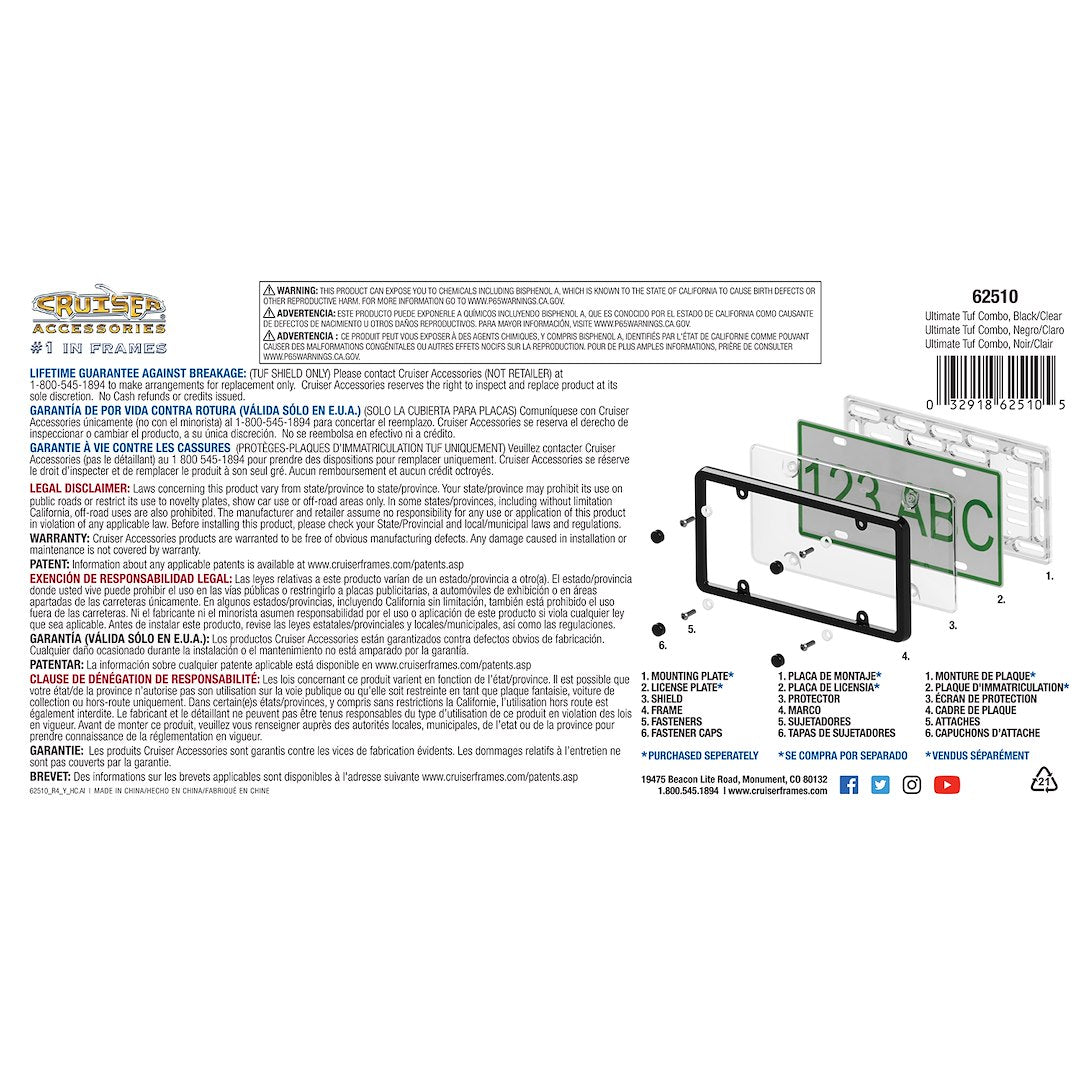 Cruiser 62510 License Plate Frame||62510_P02-Ultimate-Tuf-Combo_Black_Clear-Backpack.Jpg||87||c3462510||1179722