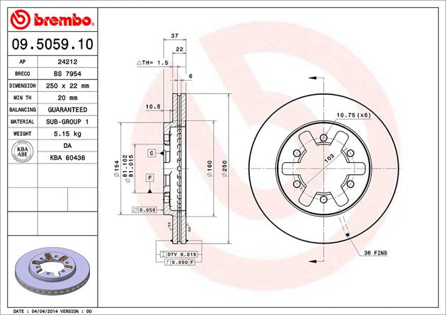 Product of Brembo 09505910C02 Vented 1 Piece Brake Rotor
