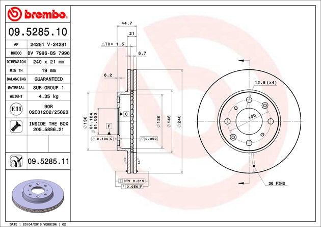 Brembo 09528511c02 Brake Rotor||09.5285.11-D.Jpg||86||brm09528511||1337986