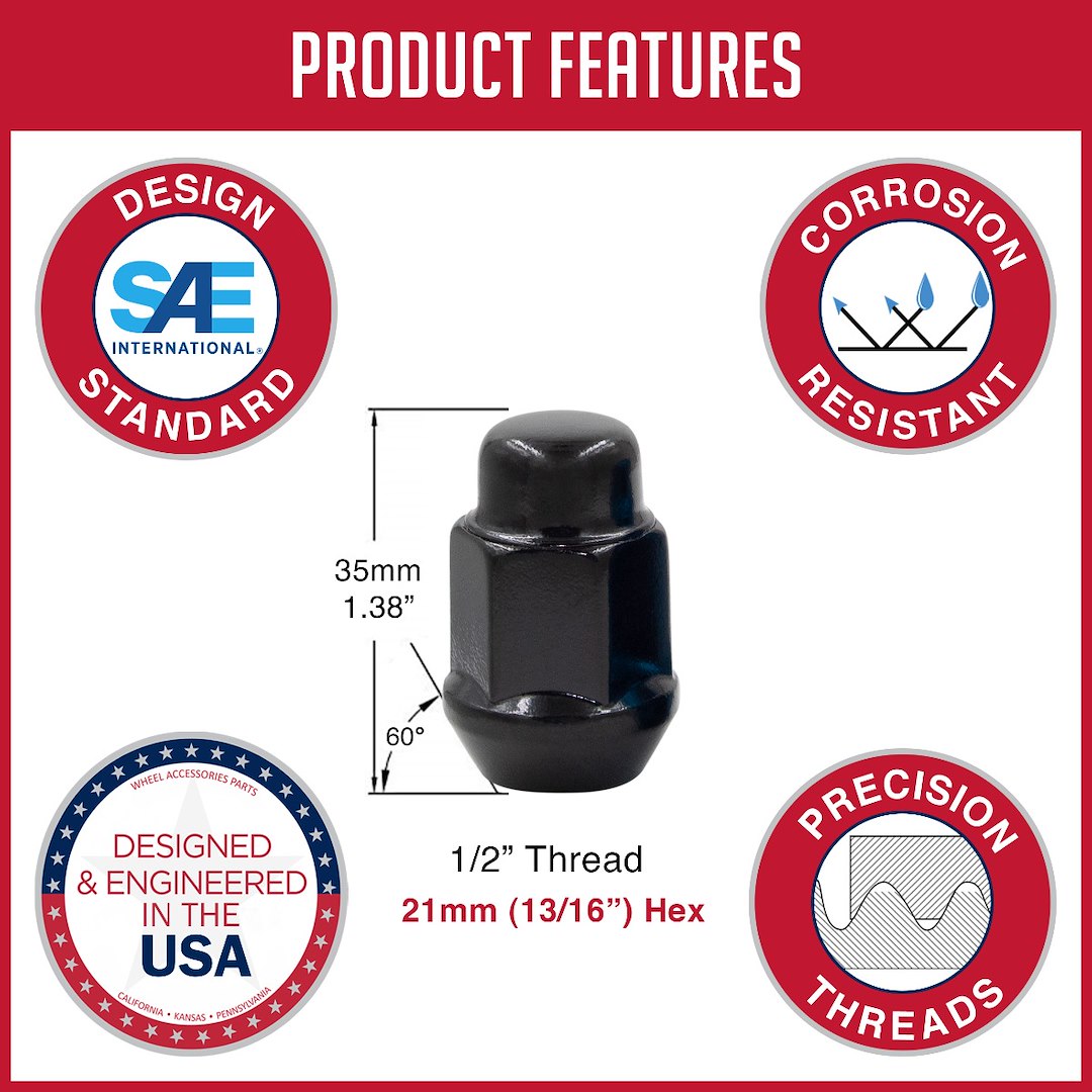 Product of Coyote Wheel Accessories 561142BLK 60 Degree Conical Bulge 1/2x20 Lug Nut