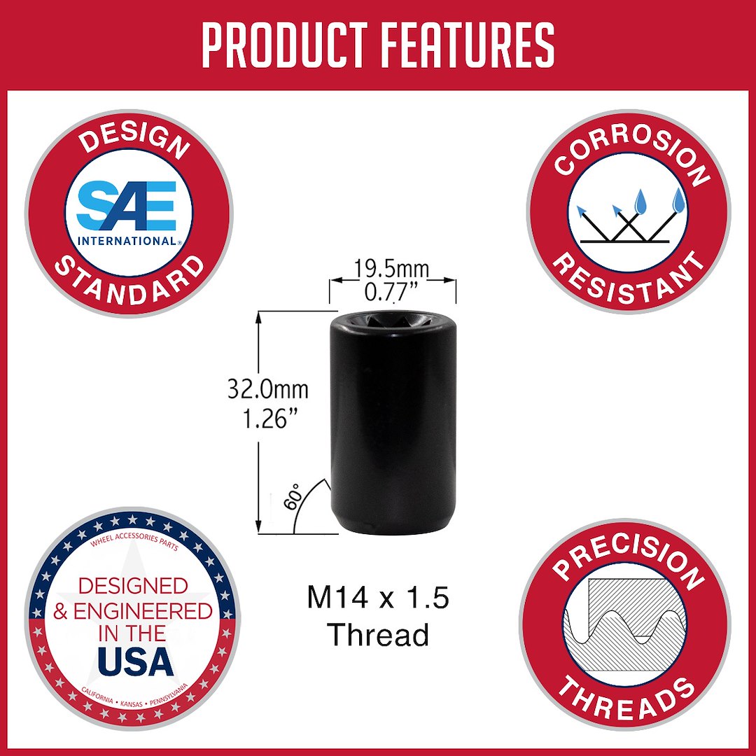 Product of Coyote Wheel Accessories 781148BLK 60 Degree Conical 14x1.5 Lug Nut