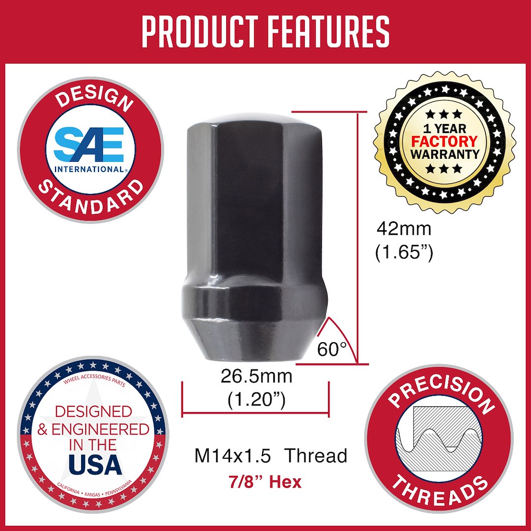 Product of Coyote Wheel Accessories 53K548BLK 60 Degree Conical 14x1.5 Lug Nut