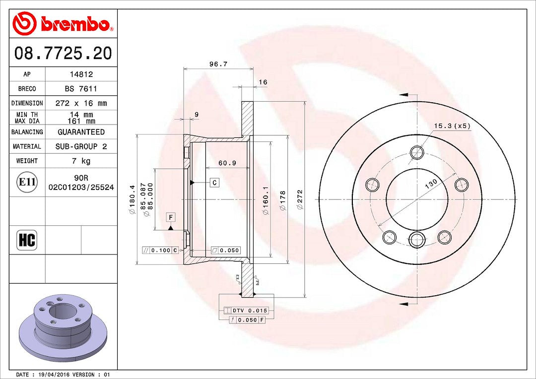 Product of Brembo 08772520C02 Solid 1 Piece Brake Rotor