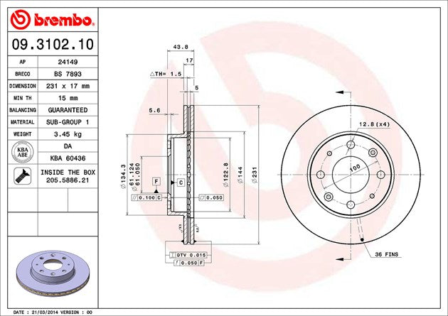 Product of Brembo 09310210C02 Vented 1 Piece Brake Rotor