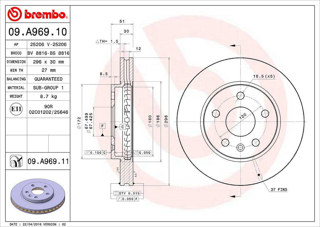 Brembo 09a96911c02 Brake Rotor||09.A969.11_2.Jpg||87||brm09a96911||1138667