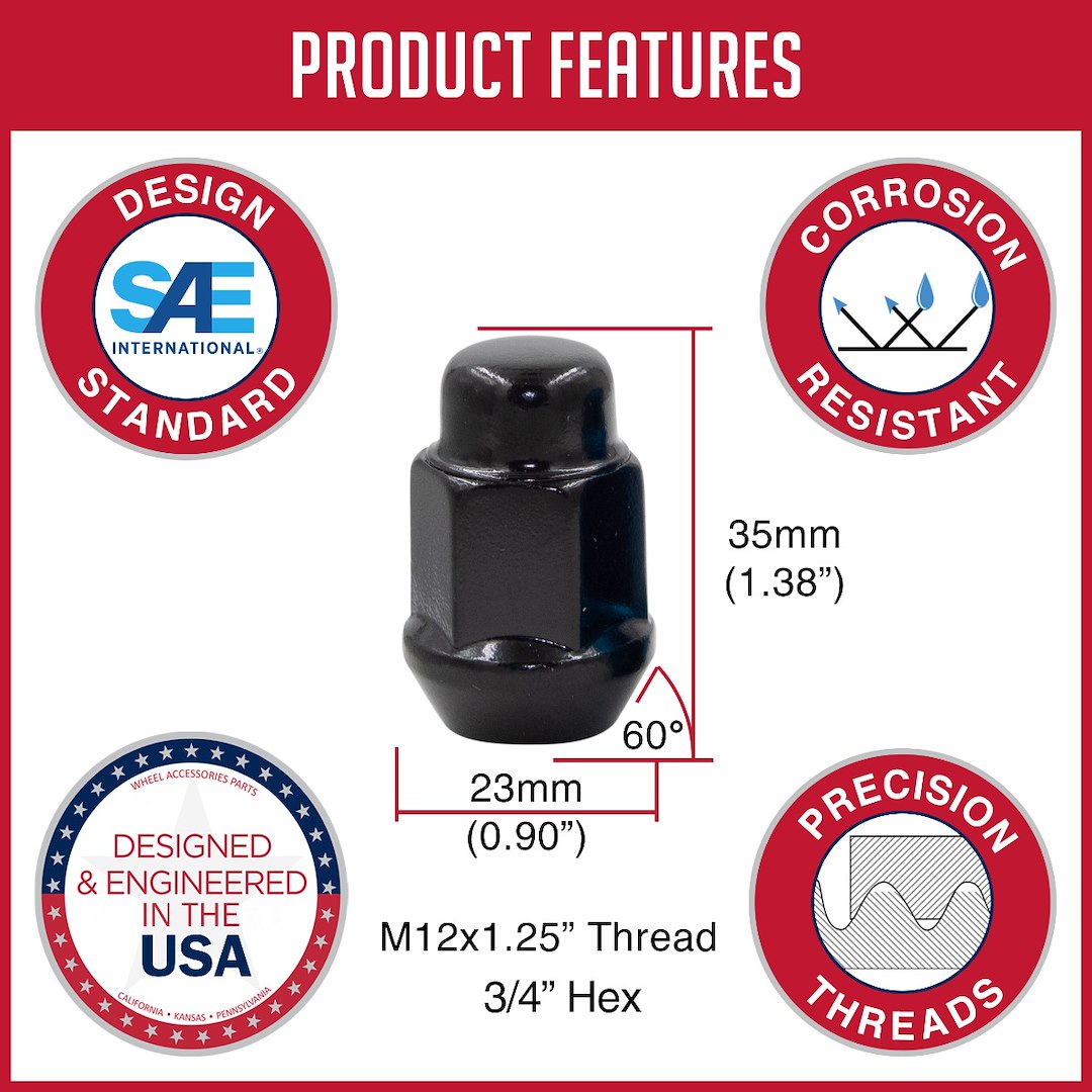 Product of Coyote Wheel Accessories 871144BLK 60 Degree Conical Bulge 12x1.25 Lug Nut