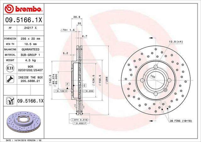 Product of Brembo 0951661XC02 Xtra Vented Cross Drilled 1 Piece Brake Rotor